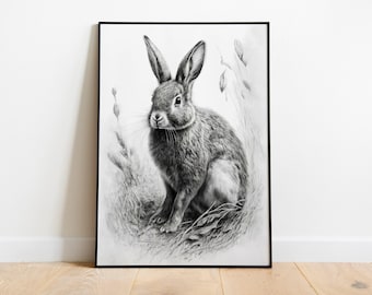 Rabbit Print Charcoal Sketch Canvas: Vintage Wildlife Wall Decor Nursery Art.
