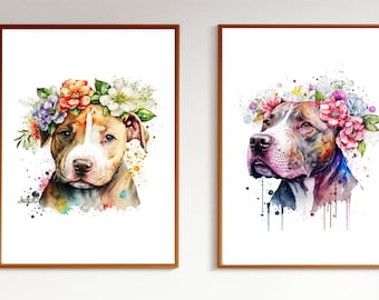 Original Watercolor Floral Pitbull Prints on Quality Canvas. Colorful Drawing Posters. Wall Art Decor.