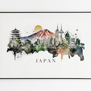 Original JAPAN Skyline Watercolor Art Print on Canvas. Tokyo City Wall Art Decor