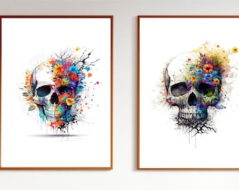 Quadro su tela con teschio e acquerelli: decorazione murale floreale e botanica dai colori vivaci.