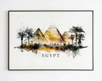 Egypt Skyline Watercolor Print, Pyramids Cityscape Wall Art (Canvas).