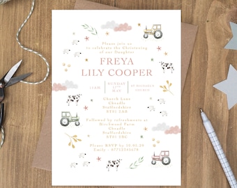 Farm Themed Girls Christening Invitation (pink)