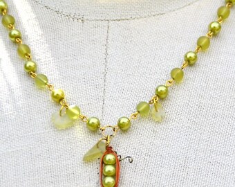 Cottagecore Pea Pod Necklace: Repurposed Czech Glass Beads, Handmade