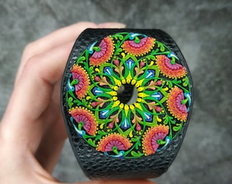 Bright extravagant large handmade bracelet with flower pattern. Jewelry of polymer clay, effect gift for women.