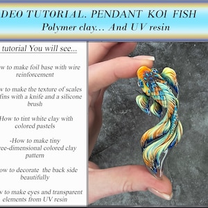 May include: A colorful, handcrafted koi fish pendant made from polymer clay and UV resin. The pendant features intricate details, including scales, fins, and a three-dimensional design. The tutorial shows how to make the pendant, including the foil base, texture, and eyes.