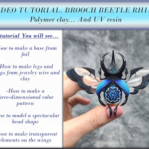 VIDEO TUTORIAL. Brooch beetle rhino. Polymer clay... And UV resin