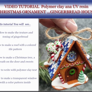May include: A gingerbread house Christmas ornament made with polymer clay and UV resin. The house has a blue and white tiled roof, a brown door with a green wreath, and a candy cane on the side. The ornament is decorated with white frosting and sprinkles.