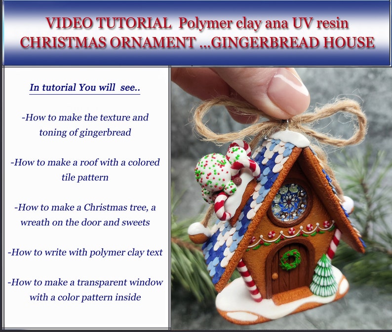 May include: A gingerbread house Christmas ornament made with polymer clay and UV resin. The house has a blue and white tiled roof, a brown door with a green wreath, and a candy cane on the side. The ornament is decorated with white frosting and sprinkles.