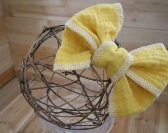 Summer Bows, Baby Gauze Cotton, Yellow Girls Bows,Baby Yellow Bows, Frillyilli surged bow, Butterfly Kisses, Lemon Yellow, White Surged Bows