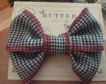 Houndstooth black and white bows, woven suit fabric, 5 inch bow, surged bows, dress bow, Butterfly Kisses, black, white, red surge, girl bow