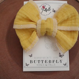 Summer Bows, Baby Gauze Cotton, Yellow Girls Bows,Baby Yellow Bows, Frillyilli surged bow, Butterfly Kisses, Lemon Yellow, White Surged Bows image 8
