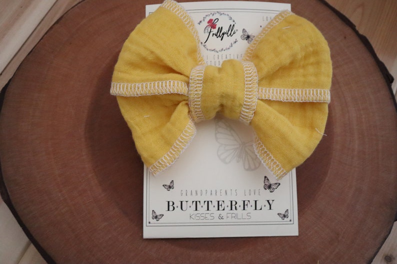 Summer Bows, Baby Gauze Cotton, Yellow Girls Bows,Baby Yellow Bows, Frillyilli surged bow, Butterfly Kisses, Lemon Yellow, White Surged Bows image 8