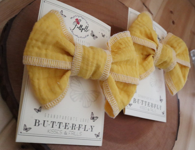 Summer Bows, Baby Gauze Cotton, Yellow Girls Bows,Baby Yellow Bows, Frillyilli surged bow, Butterfly Kisses, Lemon Yellow, White Surged Bows image 10