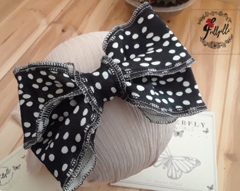 Cream Dot black bows, soft stretch poly cotton, Frillyilli bow, Butterfly Kisses, surge colors: Cream, black
