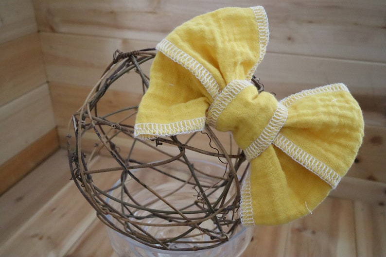 Summer Bows, Baby Gauze Cotton, Yellow Girls Bows,Baby Yellow Bows, Frillyilli surged bow, Butterfly Kisses, Lemon Yellow, White Surged Bows image 1