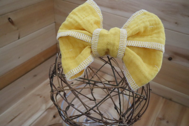 Summer Bows, Baby Gauze Cotton, Yellow Girls Bows,Baby Yellow Bows, Frillyilli surged bow, Butterfly Kisses, Lemon Yellow, White Surged Bows image 3