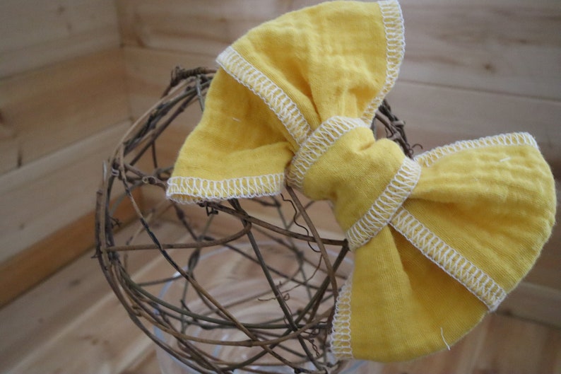 Summer Bows, Baby Gauze Cotton, Yellow Girls Bows,Baby Yellow Bows, Frillyilli surged bow, Butterfly Kisses, Lemon Yellow, White Surged Bows image 9