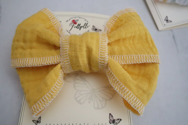 Summer Bows, Baby Gauze Cotton, Yellow Girls Bows,Baby Yellow Bows, Frillyilli surged bow, Butterfly Kisses, Lemon Yellow, White Surged Bows image 2