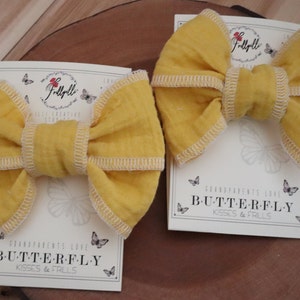 Summer Bows, Baby Gauze Cotton, Yellow Girls Bows,Baby Yellow Bows, Frillyilli surged bow, Butterfly Kisses, Lemon Yellow, White Surged Bows image 5