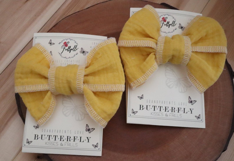 Summer Bows, Baby Gauze Cotton, Yellow Girls Bows,Baby Yellow Bows, Frillyilli surged bow, Butterfly Kisses, Lemon Yellow, White Surged Bows image 5
