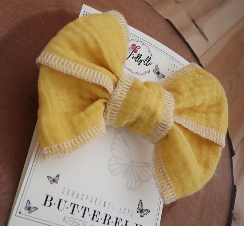 Summer Bows, Baby Gauze Cotton, Yellow Girls Bows,Baby Yellow Bows, Frillyilli surged bow, Butterfly Kisses, Lemon Yellow, White Surged Bows image 6