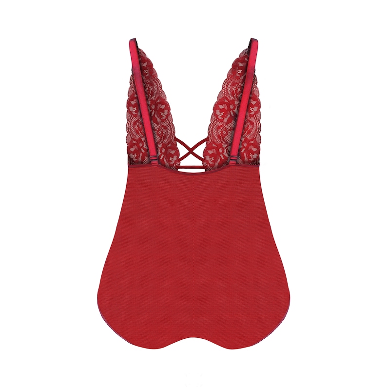 FUNKE: Lace See-through Bodysuit Plus Size Lace Lingerie Cherry Red ...