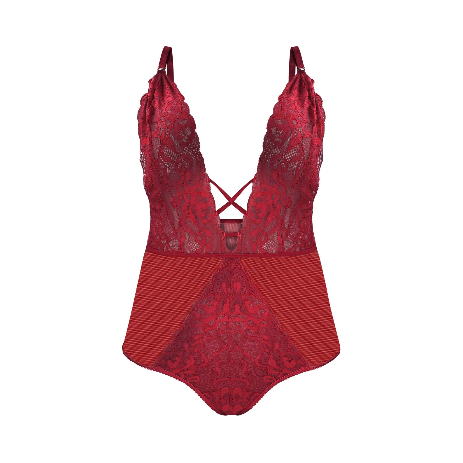 FUNKE: Lace See-through Bodysuit Plus Size Lace Lingerie Cherry Red ...