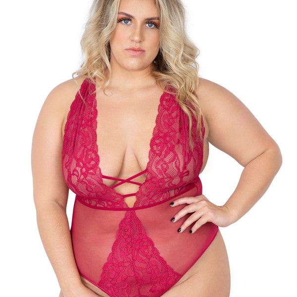 FUNKE: Lace See-Through Bodysuit - Plus Size | Lace Lingerie | Cherry Red Lace Bodysuit | Handmade Lingerie | Lace See-Through Teddy | Plus