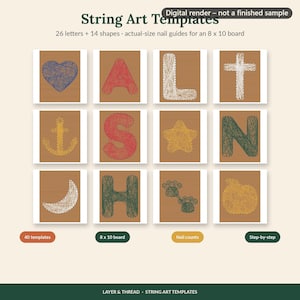 Modèles de string art, 26 initiales de A à Z + 14 formes, motifs de clous imprimables pour support 20 x 25 cm, cœur, croix, étoile, arbre, PDF de bricolage