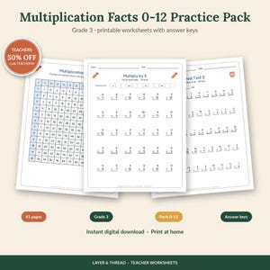 May include: A Multiplication Facts 0-12 Practice Pack for grade 3, featuring printable worksheets with answer keys. The set includes a multiplication table, a Multiply by 5 worksheet, and a timed test, all with clear black text on white paper.