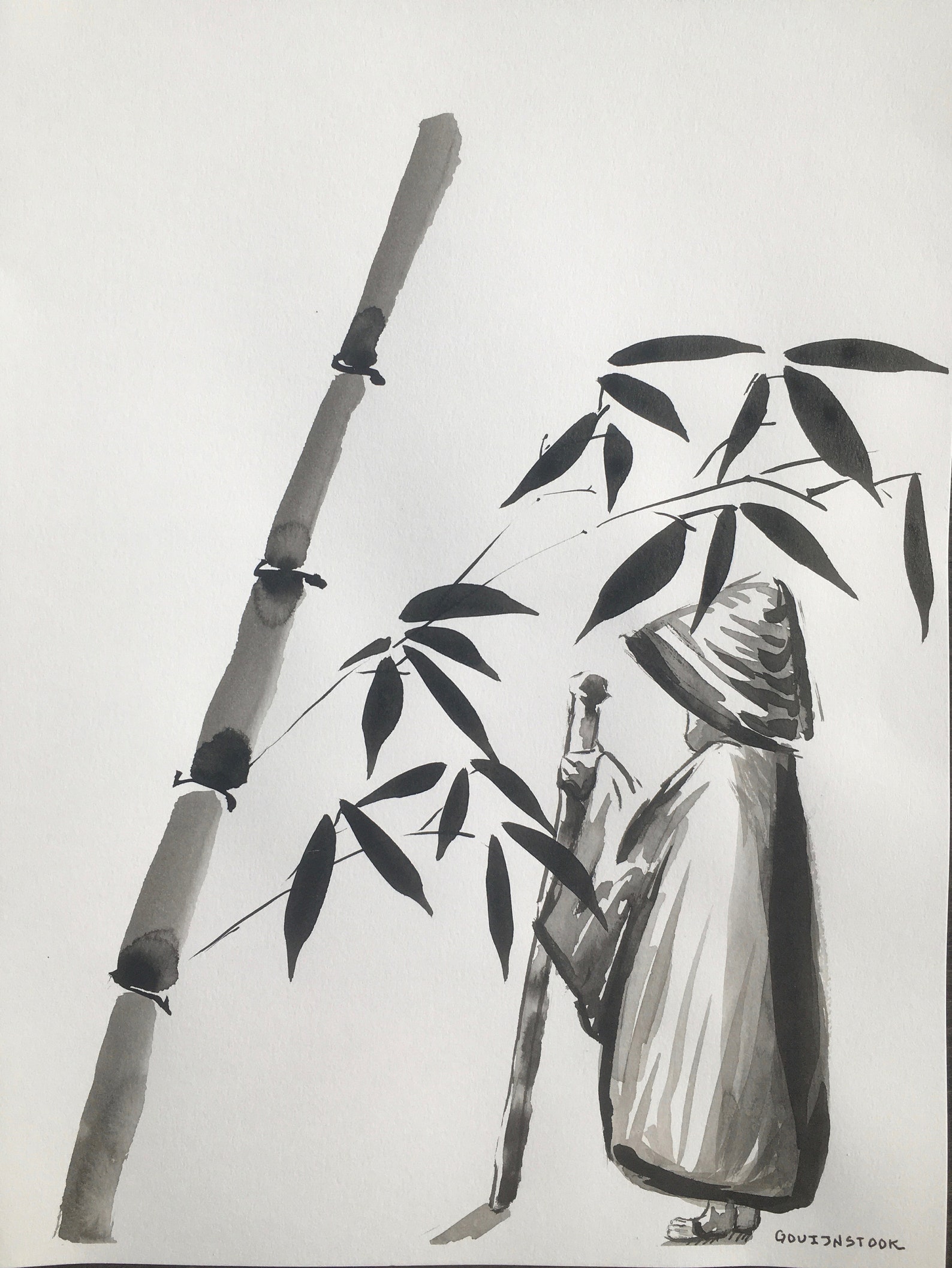 Sumie bamboo brush painting with monk. This Chinese brush Etsy