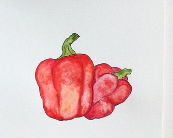 Sweet peppers Illustration red watercolor kitchen decor handmade