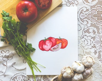 Tomatoes Illustration red watercolor art kitchen decor