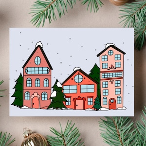 Christmas village houses colorful holiday greeting card