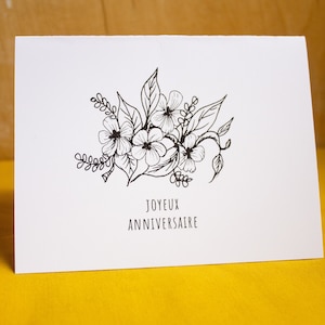Summer flowers and leaves black and white birthday card (french)