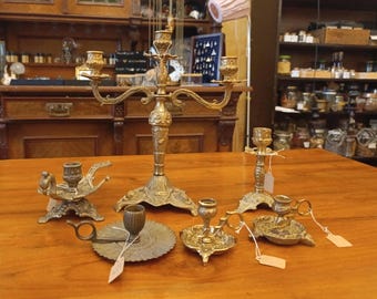 Vintage Rokoko Scottish Messing Distel Kammer Stick Kerzenhalter, Distelblatt Griff Knospe oben, massiv Bronze gegossen