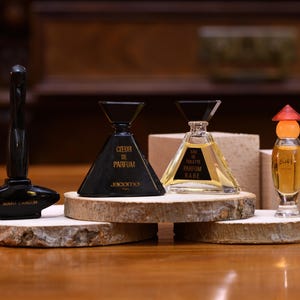 K&ouml;nnte beinhalten: Eine Sammlung von Vintage-Parf&uuml;mflaschen in verschiedenen Formen und Gr&ouml;&szlig;en. Die Flaschen werden auf kleinen Holzscheiben pr&auml;sentiert und umfassen eine schwarze Flasche mit einer einzigartigen Form, eine dreieckige schwarze Flasche mit dem Text "COEUR DE PARFUM" und eine klare Flasche mit dem Text "EAU DE TOILETTE PARFUM RARE".