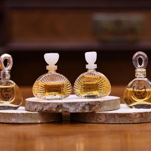 K&ouml;nnte beinhalten: Vier Miniatur-Parf&uuml;mflaschen mit klarer Fl&uuml;ssigkeit und goldfarbener Fl&uuml;ssigkeit werden auf kleinen Holzscheiben pr&auml;sentiert. Zwei Flaschen haben einen schlaufenf&ouml;rmigen Verschluss, zwei einen wei&szlig;en Verschluss. Die Flaschen sind mit Markennamen beschriftet.