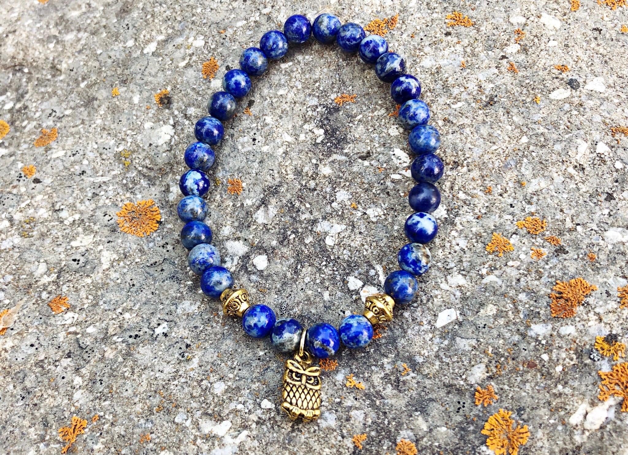 Owl Charm Bracelet, Stretch Bracelet, Yoga Bracelet, Lapis Lazuli Jewelry, Nature Fantasy Jewelry, B