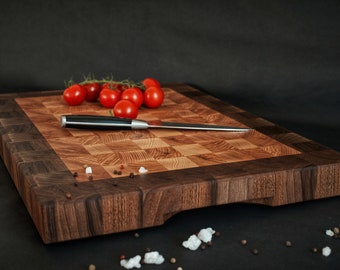 Personalized End Grain Cutting Board, Walnut and Cherry Butcher Block Chopping Board with Juice Groove