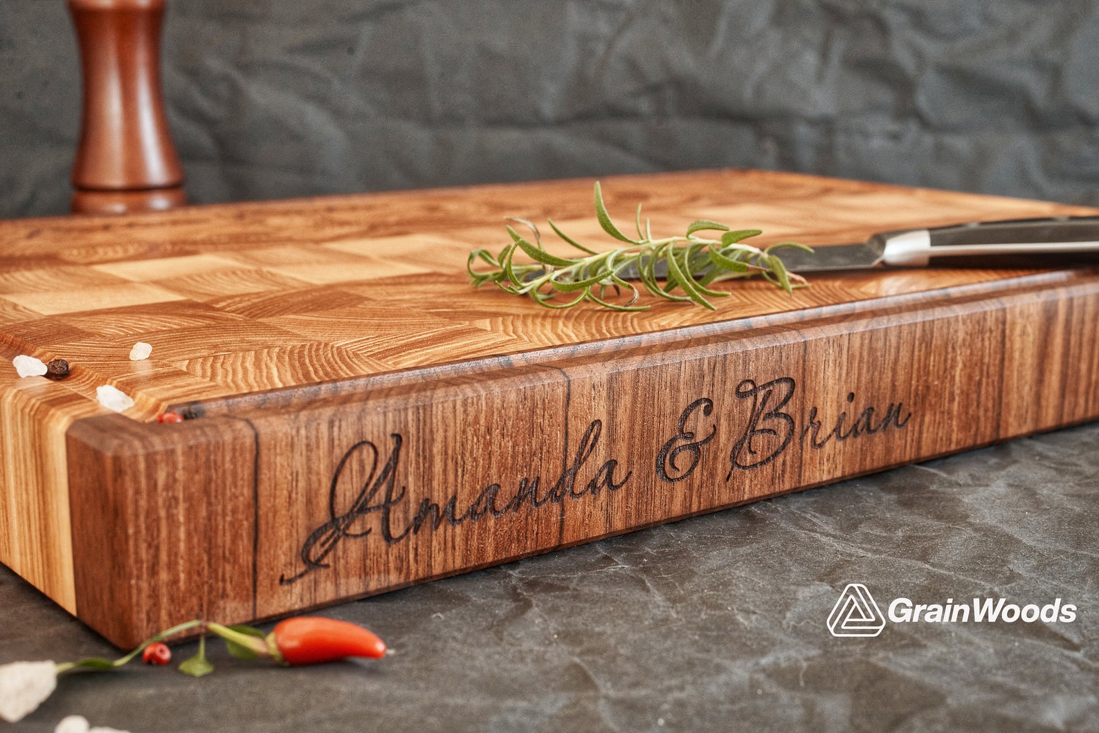 Personalized Double-sided Walnut and Cherry End Grain Cutting Board, End Grain Butcher Block Cutting Board Reversible with Juice Groove - 13x8x2 inches, Juice Groove + Feet