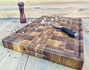 Double-sided Walnut End Grain Cutting Board, Black and Walnut  End Grain Butcher Block Cutting Boards, Chopping Board with Juice Groove