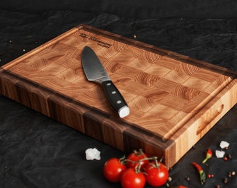 Personalized Double -Sided Walnut and Cherry End Grain Cutting Board, Butcher Block Chopping Boards, Chop Board  with Juice Groove