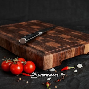 Personalized Walnut End Grain Cutting Board 2&quot; thick, Butcher Block Chopping Board with Juice Groove