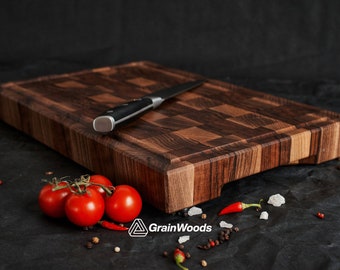 Personalized Walnut End Grain Cutting Board, Butcher Block Chopping Board with Juice Groove