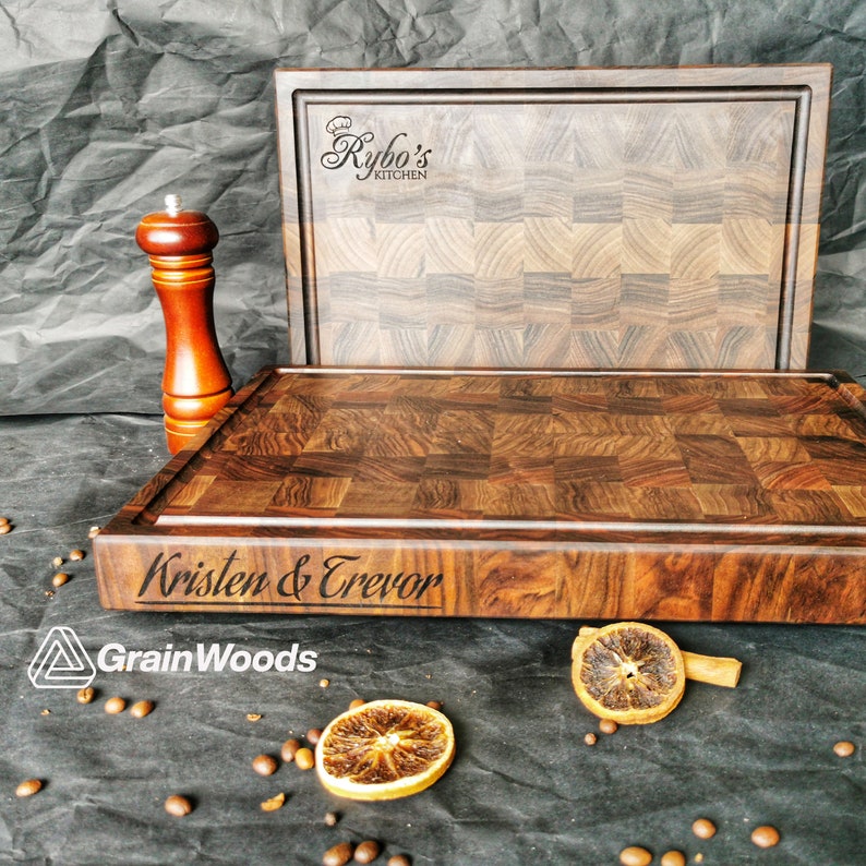 Personalized Double-sided Walnut Cutting Board, Reversible Butcher Block End Grain Cutting Boards with Juice Groove image 5