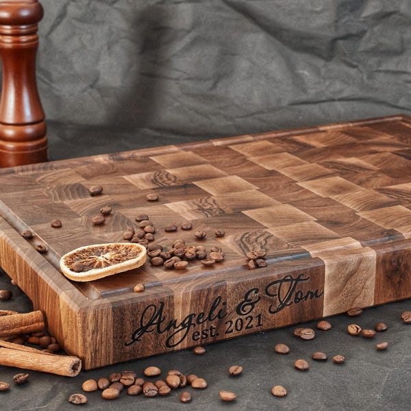 Personalized Large Walnut End Grain Cutting Board Butcher Block Cutting Board with Juice Groove