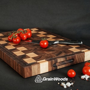 Double-sided Walnut End Grain Cutting Boards, Reversible Butcher Block Chopping Board, Chop Board with Juice Groove