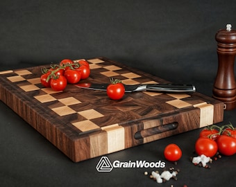 Double-sided Walnut End Grain Cutting Boards, Reversible Butcher Block Chopping Board, Chop Board with Juice Groove