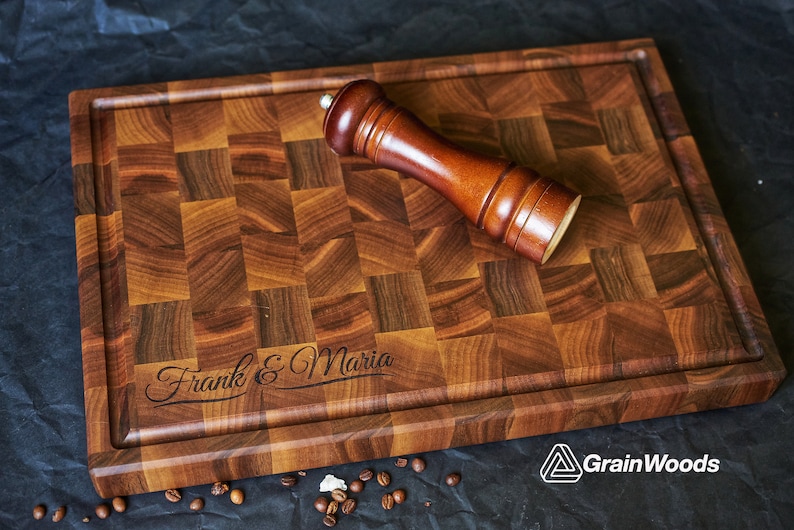 Personalized Double-sided Walnut Cutting Board, Reversible Butcher Block End Grain Cutting Boards with Juice Groove image 3